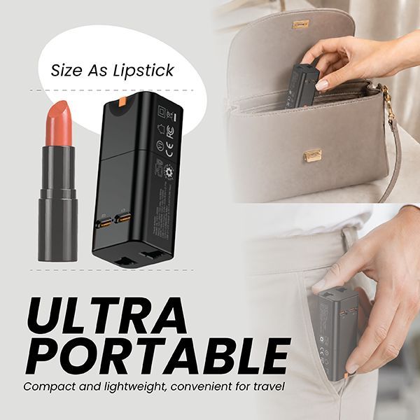 Universal travel adapter next to a lipstick to show its compact size