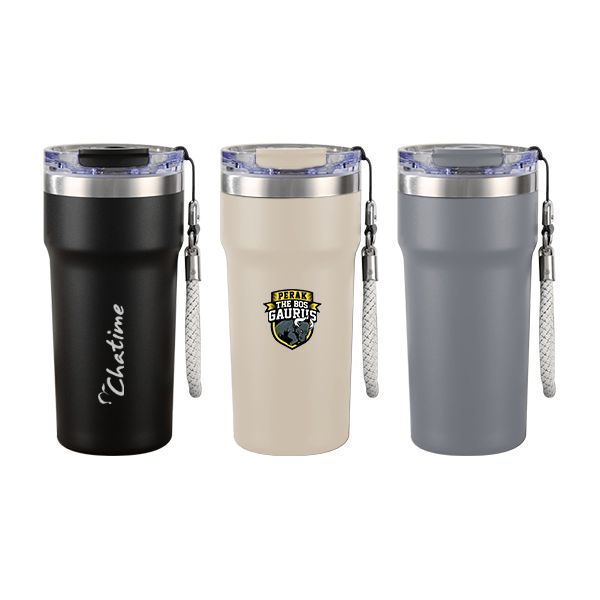 Three bottles in black, beige and grey with clear dual drinking lids and woven wrist straps, each printed with a logo.