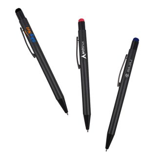 Three matte black metal ball pens with red trim on the tip and push button
