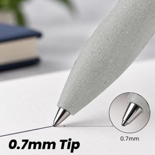 Close-up of the light grey stone-texture barrel and 0.7mm ball point tip drawing a line