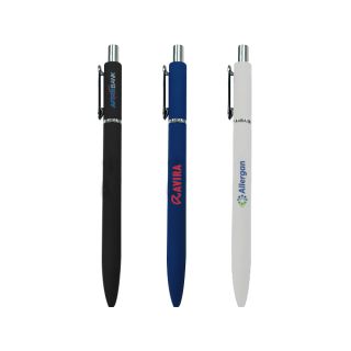 Three press action pens standing upright side by side in black, dark blue and light grey, each with a textured barrel, a silver push button and metal clip, and a sample logo printed on the ba