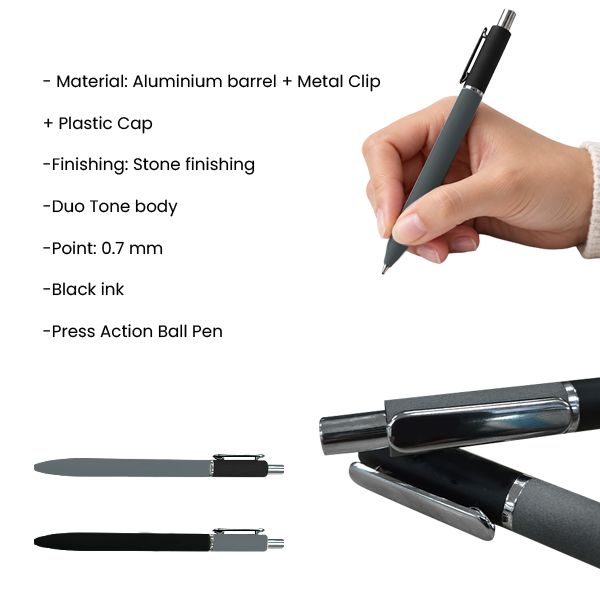Feature summary of the STONE Duo Tone pen listing aluminium barrel, metal clip, stone finishing, duo tone body, 0.7mm point and black ink
