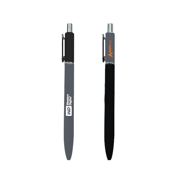 Two STONE Duo Tone pens standing upright, one grey barrel with black upper section and one black barrel with grey upper section, each printed with a sample logo