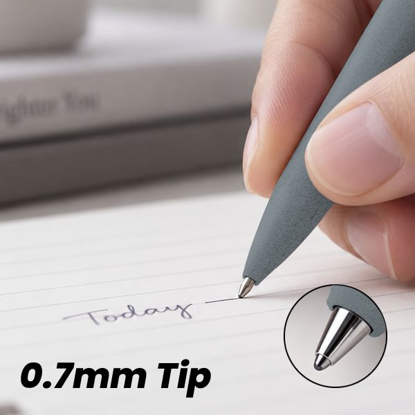 Fingers holding the grey stone-texture pen writing on paper, with a close-up of the 0.7mm tip