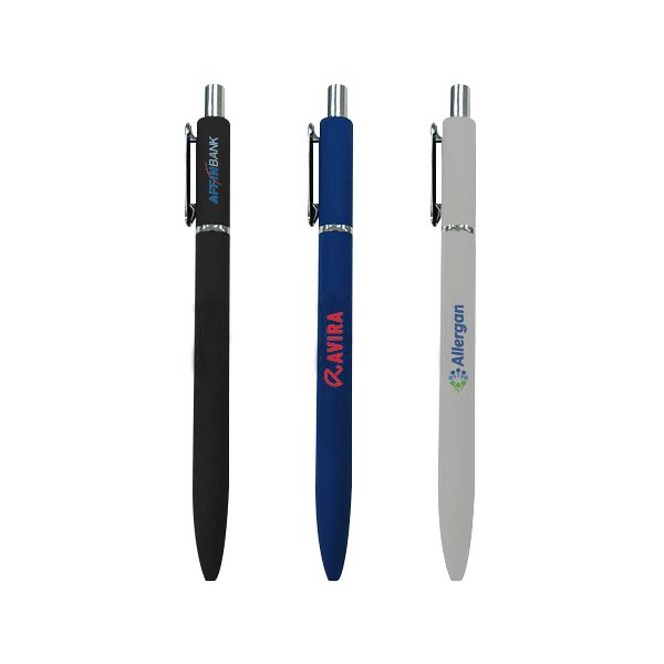 Three STONE aluminium ball pens standing upright in black, navy blue and light grey, each printed with a sample logo