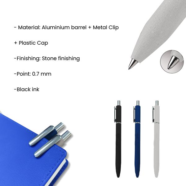 Feature summary of the STONE pen listing aluminium barrel, metal clip, stone finishing, 0.7mm point and black ink, with the three colours shown