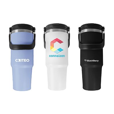 Three vacuum bottles in light blue, white and black, each with a lid that folds an embedded handle flat, printed with a logo.