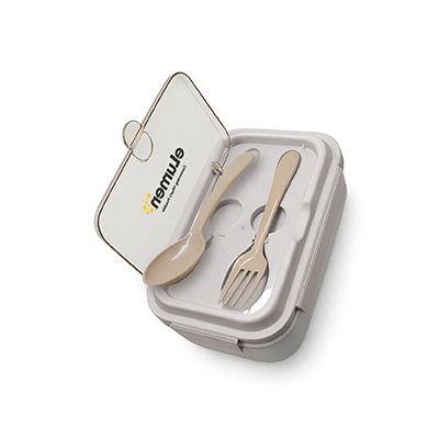 Cream eco-wheat lunch box shown open with a spoon and fork resting in the tray, the lid printed with a logo.