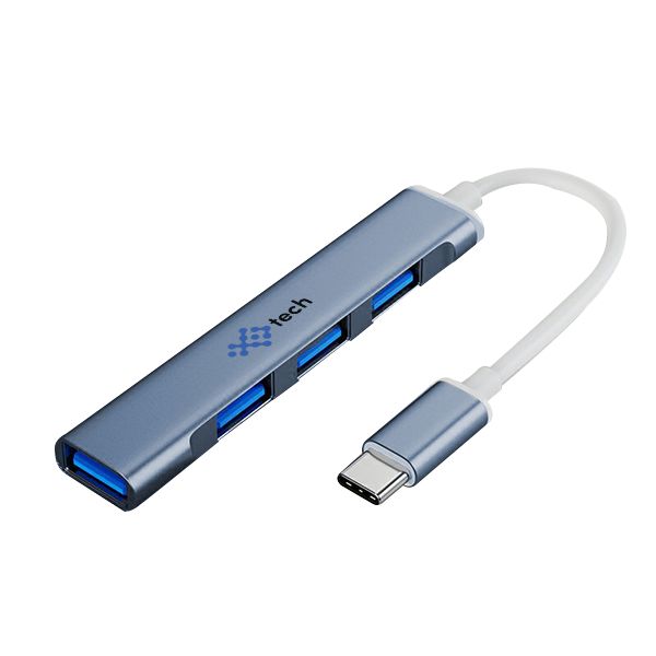 Slim blue-grey aluminium hub printed with a logo, four ports along its edge and a white lead ending in a Type-C plug.