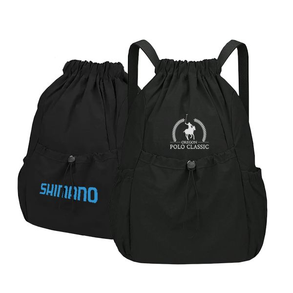 Black drawstring backpack shown front and back with a zipped front pocket and side pockets, printed with two logos.