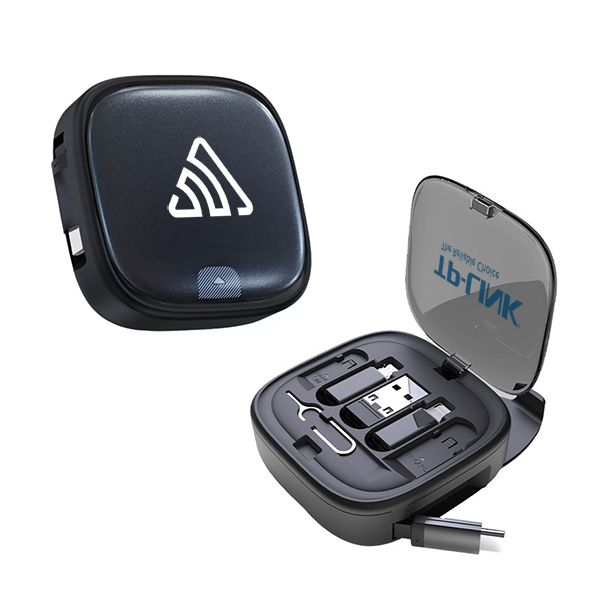 Dark blue zip case printed with a logo, shown closed and again open with the charging kit and a cable inside.