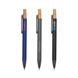 Three aluminium press action ball pens in navy, grey and black, each with a bamboo push button and printed with a logo