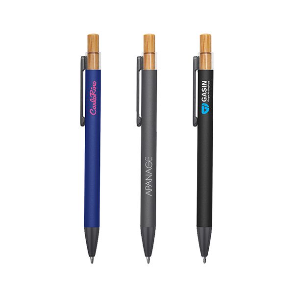 Three aluminium press action ball pens in navy, grey and black, each with a bamboo push button and printed with a logo