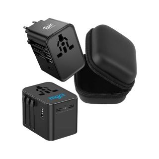 Two black travel adapters, one printed with a logo, beside a black zip carrying case