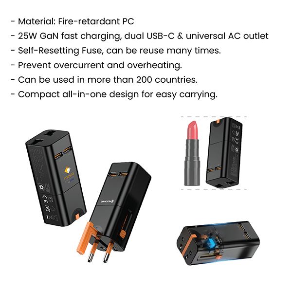 Universal Travel Adapter AC + 2 Type C Charger