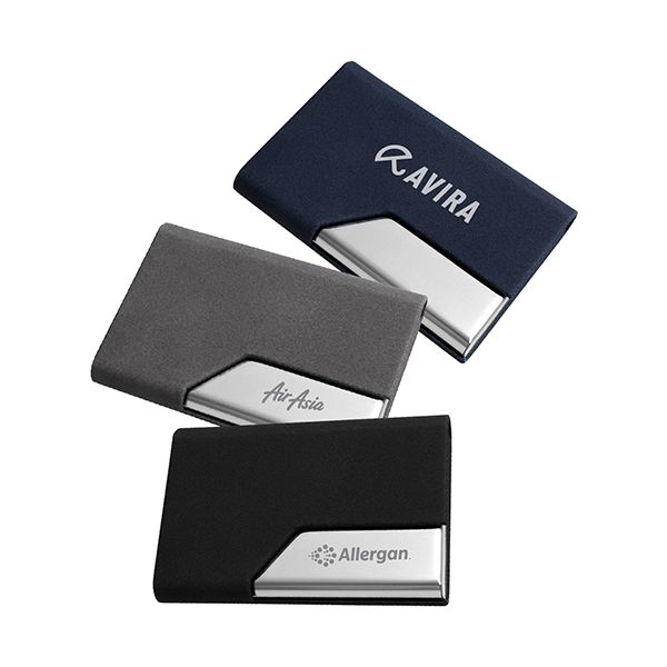Three textured card holders stacked on the diagonal in navy, grey and black, each with a chrome corner plate and a printed logo.