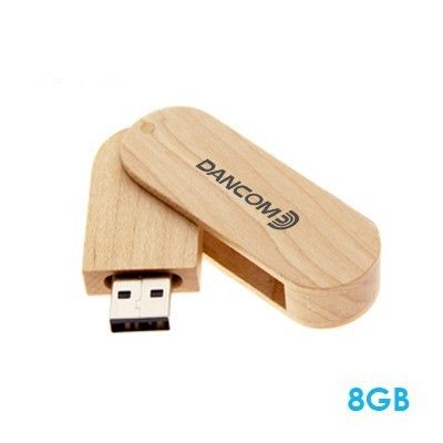 Light wooden 360 swivel USB flash drive with the body swung open to expose the connector, printed with a logo, marked 8GB.