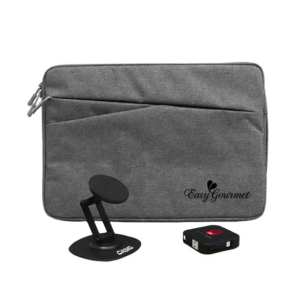 Grey laptop pouch printed with a logo, shown with a black magnetic phone stand and a small retractable charging port.