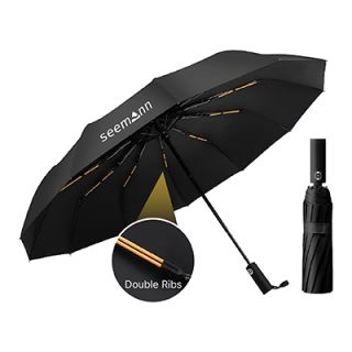 A black umbrella opened to show twelve panels and doubled ribs, printed with a logo, with the folded umbrella and a Double Ribs inset.