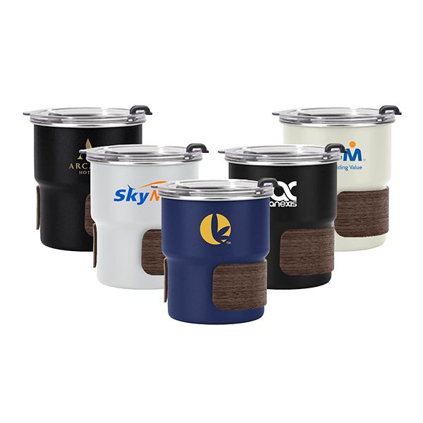 Five stainless steel tumblers in black, white, light blue, navy and cream, each banded with a wooden holder and printed with a logo.