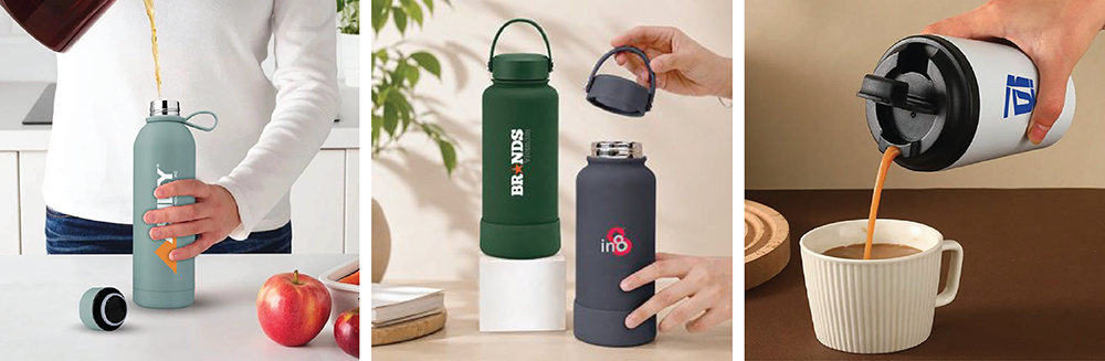 Stainless steel sports bottle, loop lid vacuum flasks in green and navy, and a logo printed tumbler being poured into a ceramic cup