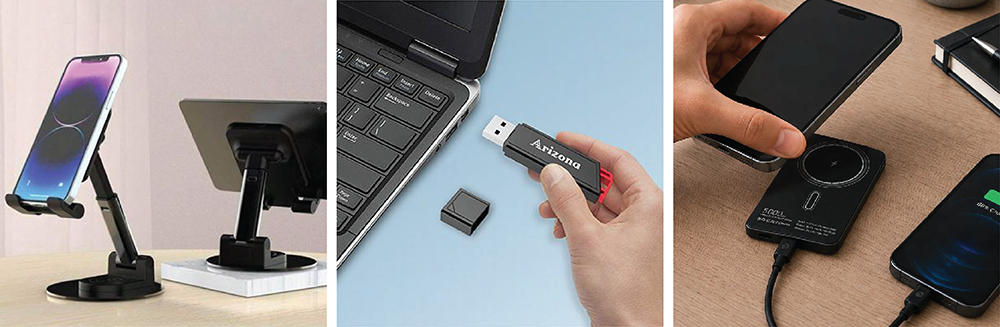 Adjustable desktop phone stand holding a phone, a USB flash drive plugged into a laptop, and a phone charging on a magnetic wireless charger