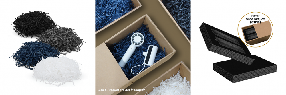 Shredded paper filler in black, grey, navy and white, shown packed inside a gift box and beside a matching slide gift box tray