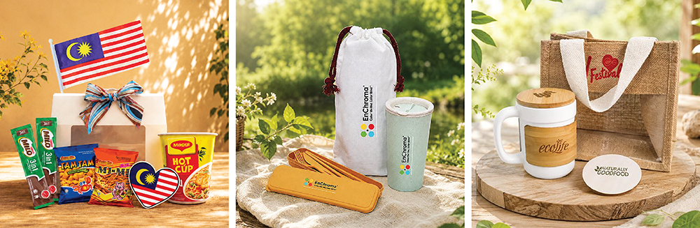 Merdeka snack hamper with Malaysian flags, a drawstring cotton bag holding a tumbler and cutlery pouch, and a jute tote with a ceramic mug and bamboo lid tumbler