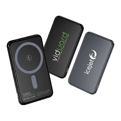 Slim 5,000mAh magnetic wireless power banks in black and grey with a logo printed on the back