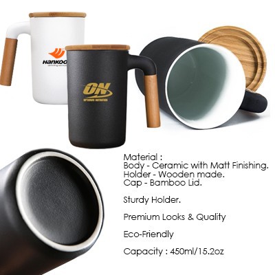 DESIGNER Ceramic Mug with Wooden Handle - 450ml