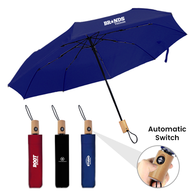 21'' Auto Open-Close 3 Fold Umbrella with Wooden Handle